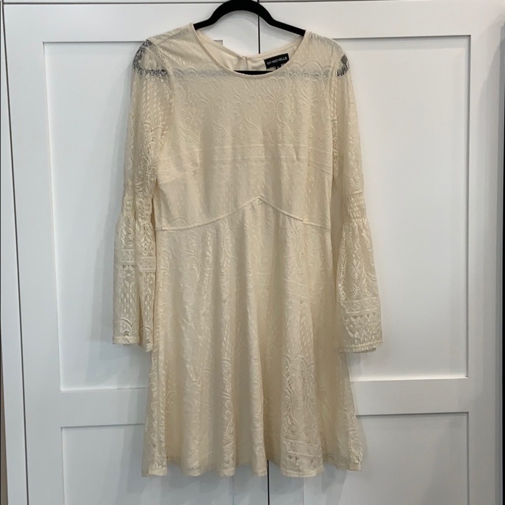Cream Lace A-Line Dress with ruffled sleeves